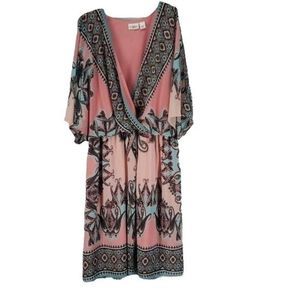 Cato Faux Wrap Deep V Peach Black Abstract‎ Print Size Large Dress